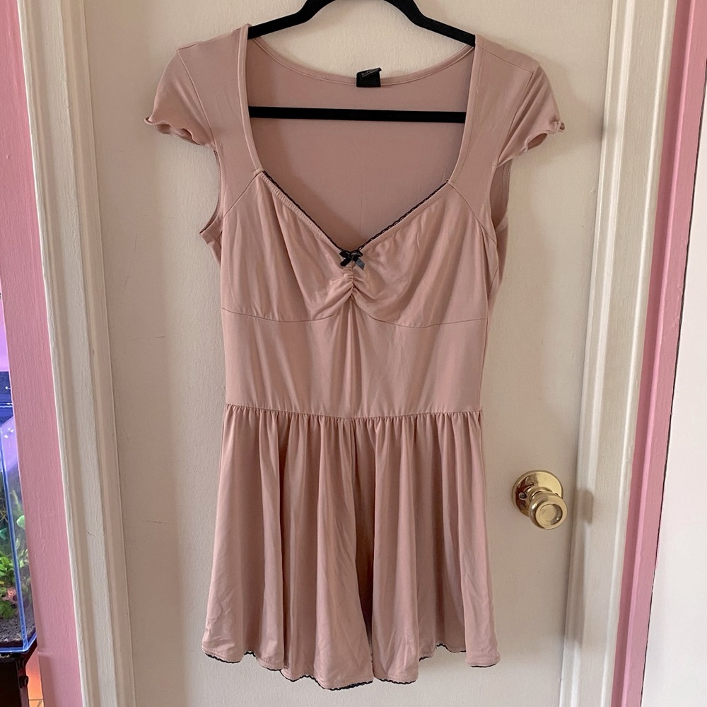 Urban Outfitters Blush Pink Romper with Black Lace and Bow Trim